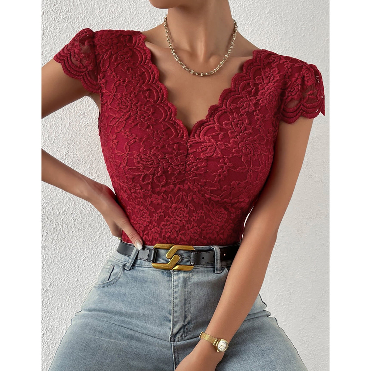 Evelyn Women's Bodysuit | Lace V-Neck, Casual Elegance 7
