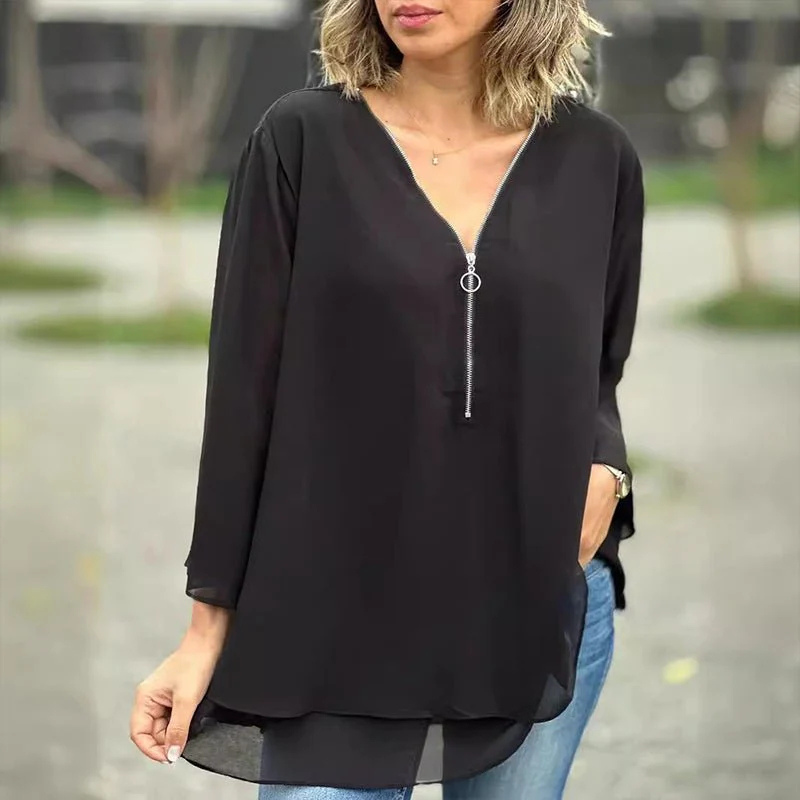 Evelyn Women's Top | Stylish V-Neck Half Zip Design for Going Out 0