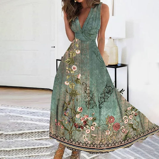 Faye Women's Maxi Dress | Bohemian Deep V-Neck, Floral Print 1