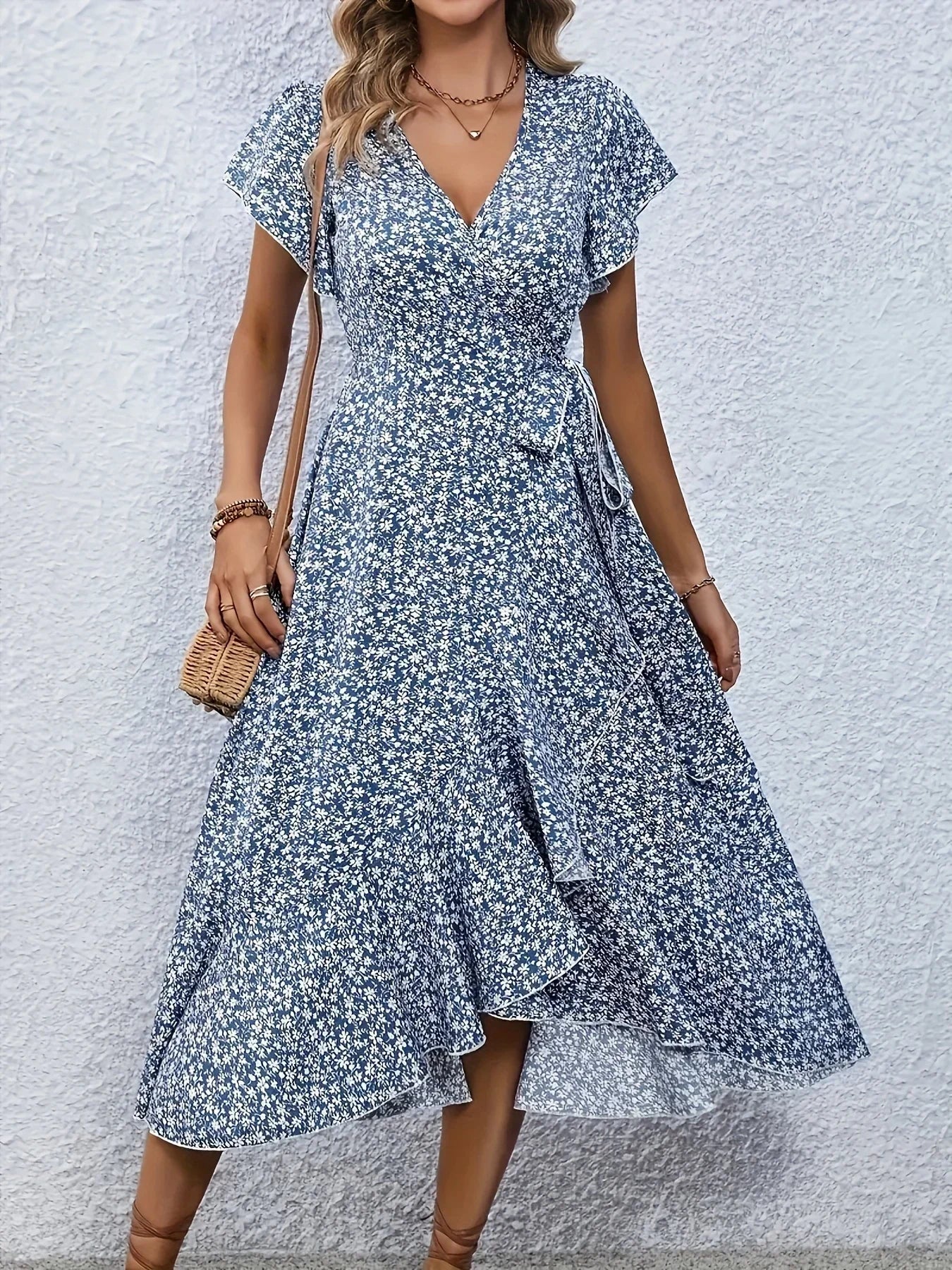 Fiona Women's Midi Dress | Floral Pattern, V-Neck Summer Dress 0