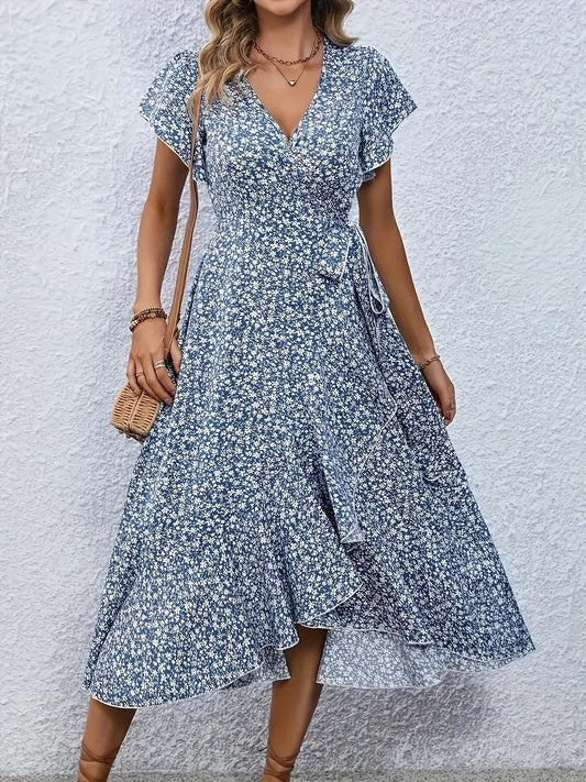 Fiona Women's Midi Dress | Floral Pattern, V-Neck Summer Dress 0