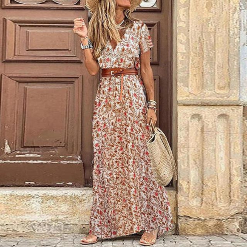 Gina Women's Maxi Dress | Floral Pattern, Belted Summer Style 0