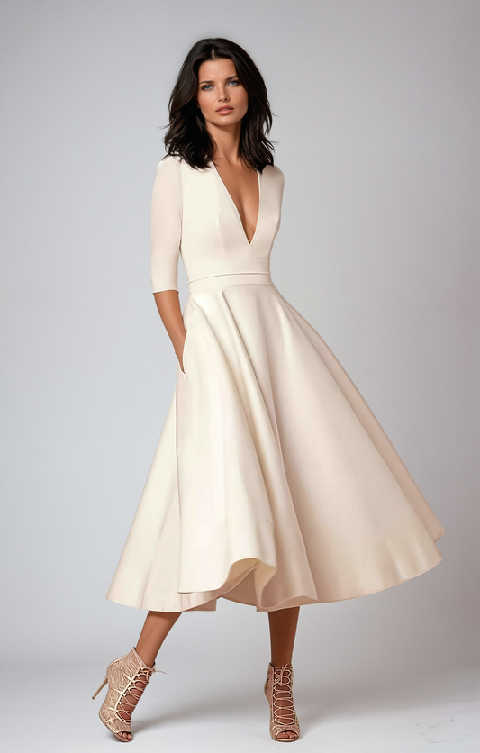 Gina Women's Midi Dress | Flared White Cocktail Dress for Special Occasions 0