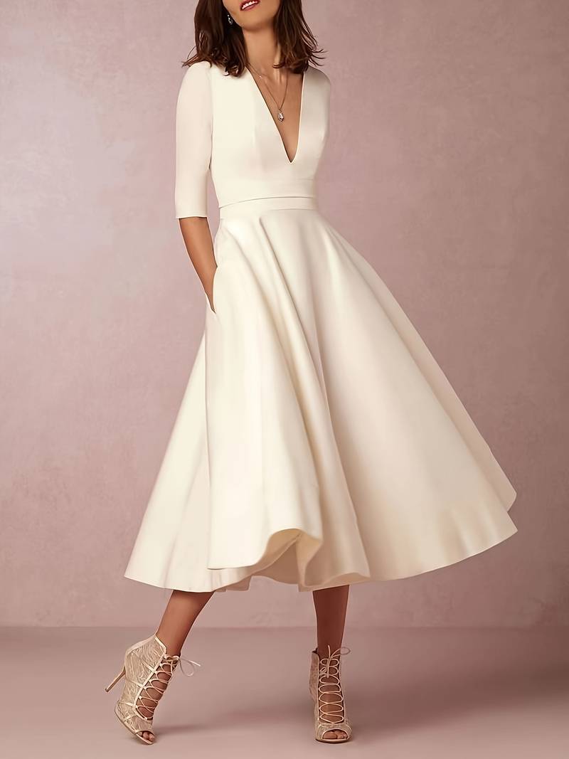 Gina Women's Midi Dress | Flared White Cocktail Dress for Special Occasions 3