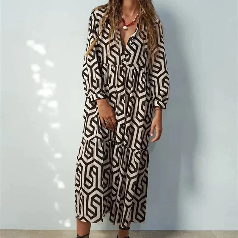 Gina Women's Midi Dress | Geometric Print, V-Neck Summer Dresses 0