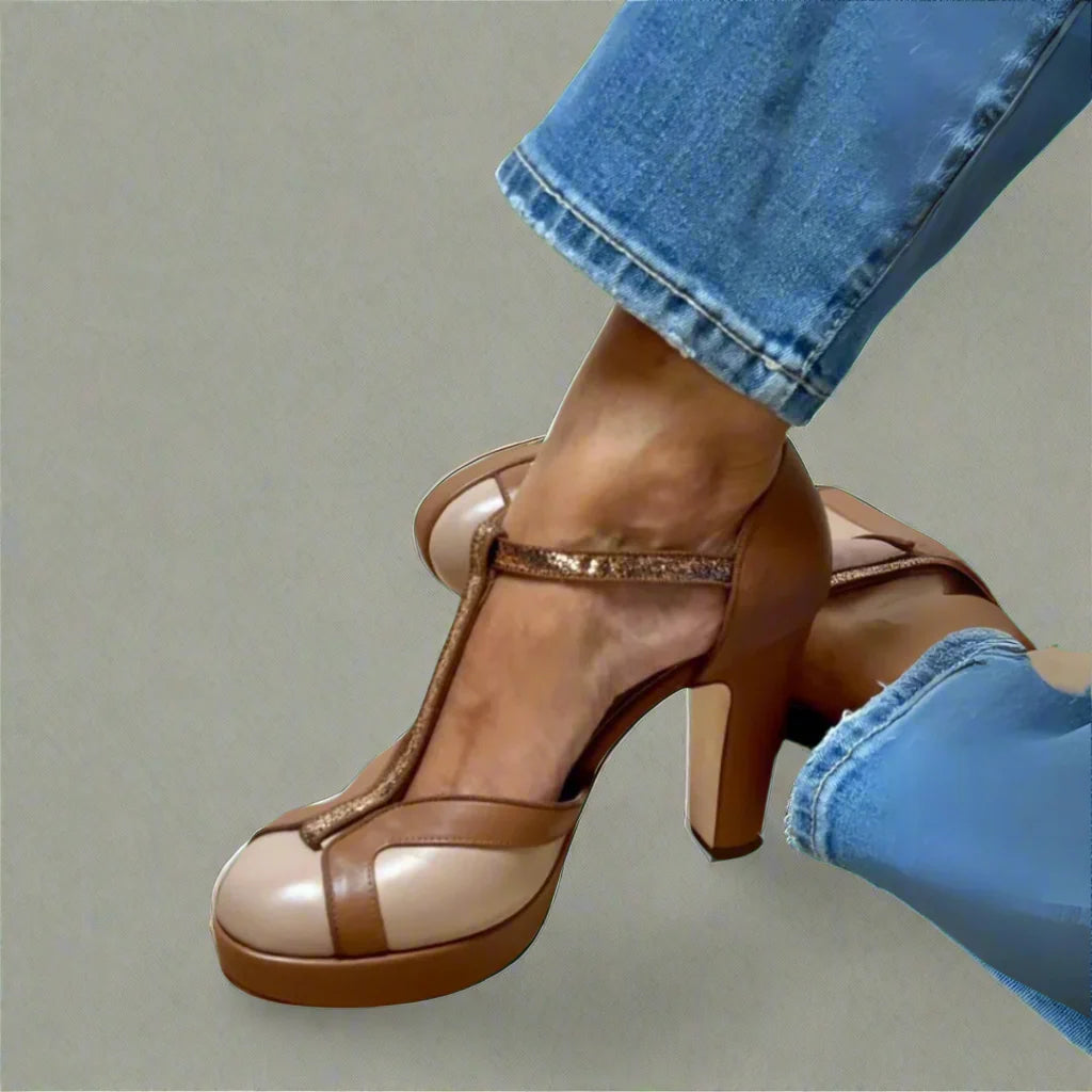 Haven Women's Black Heels | T-Strap Block Heel Design 1
