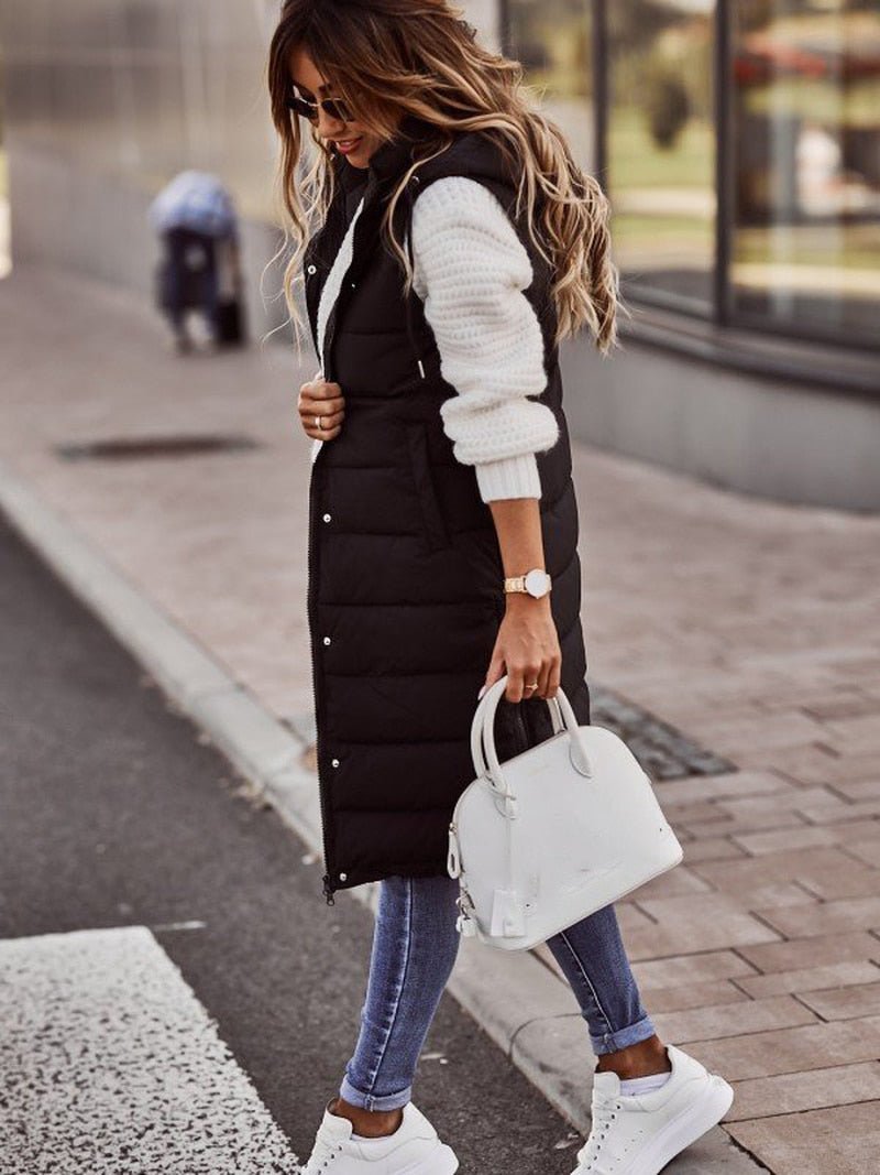 Haven Women's Quilted Puffer Vest | Long Hooded Design 1