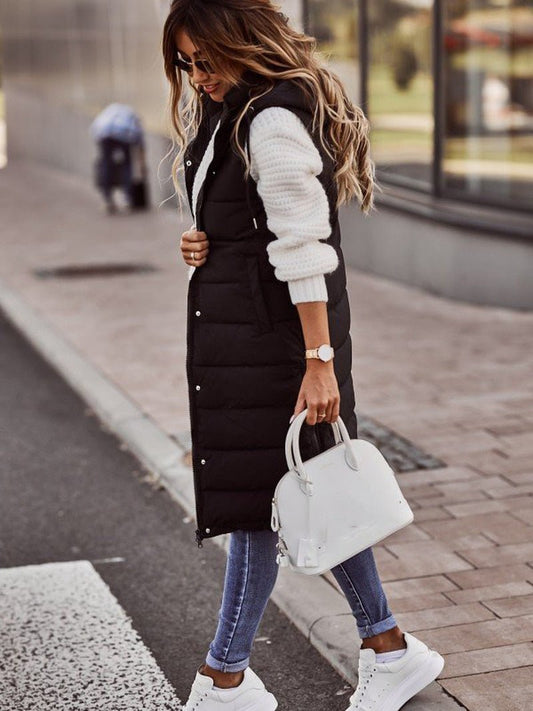Haven Women's Quilted Puffer Vest | Long Hooded Design 1