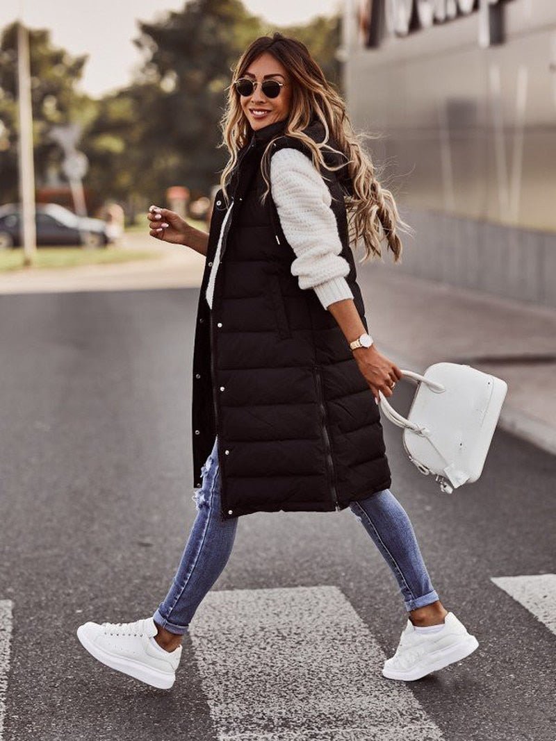 Haven Women's Quilted Puffer Vest | Long Hooded Design 2