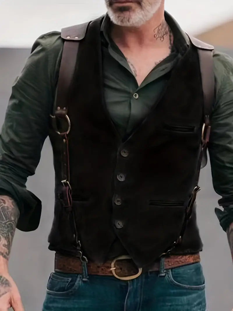 Hector Men's Black Vest | Stylish Button Front with Shoulder Straps 0