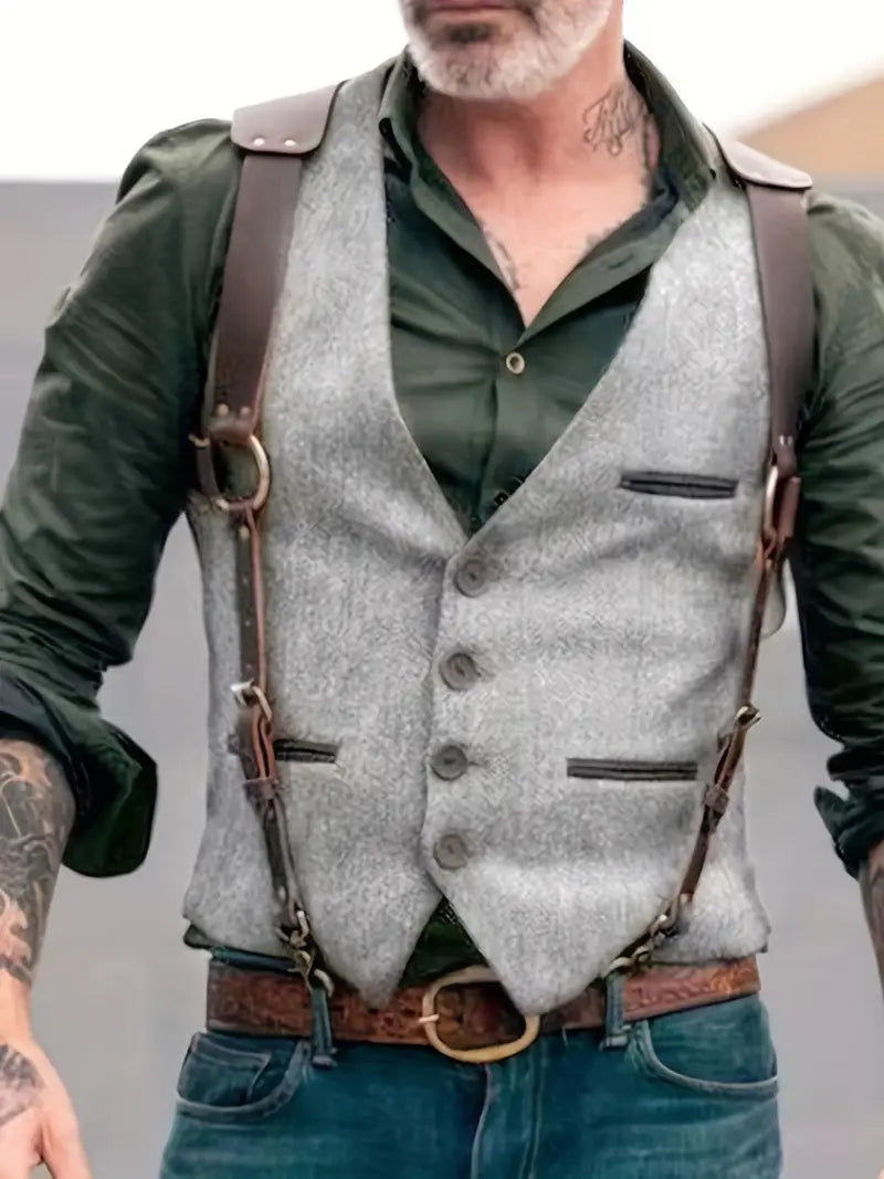 Hector Men's Black Vest | Stylish Button Front with Shoulder Straps 2