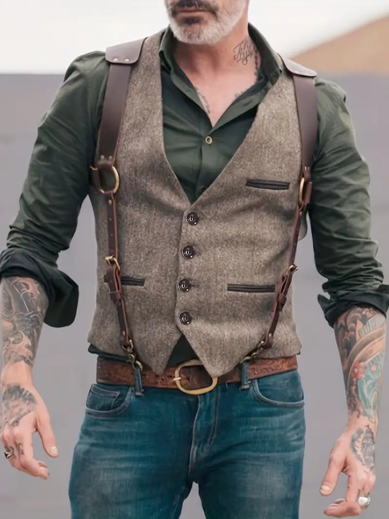 Hector Men's Black Vest | Stylish Button Front with Shoulder Straps 4