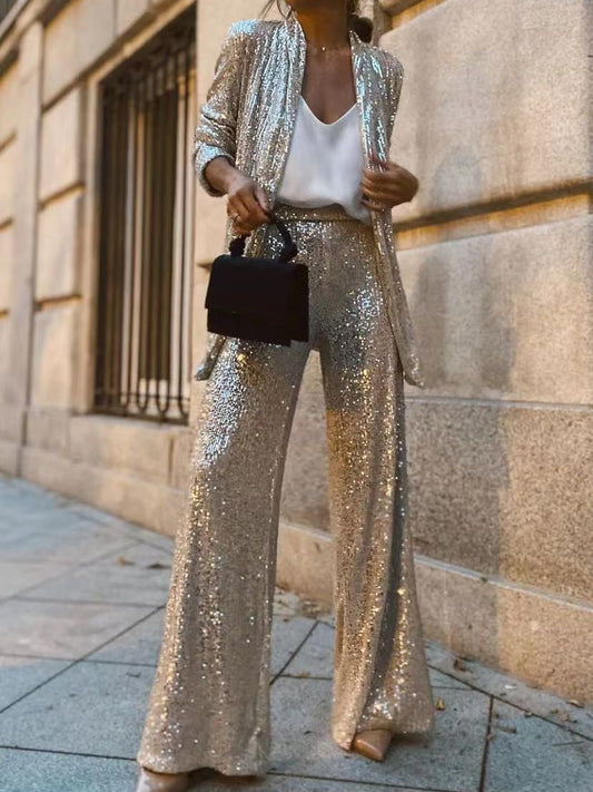 Hera Women's Blazer Suit | Shimmering Sequins, Wide Leg 0