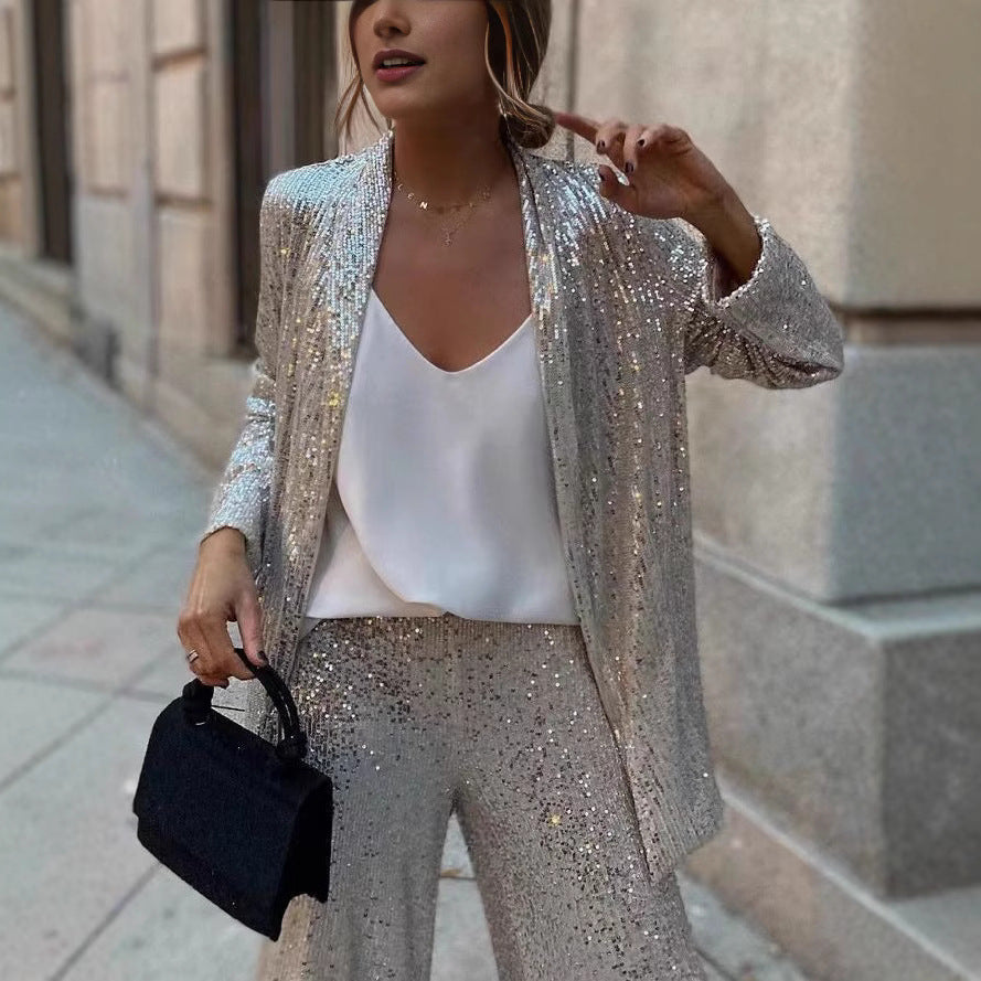 Hera Women's Blazer Suit | Shimmering Sequins, Wide Leg 4