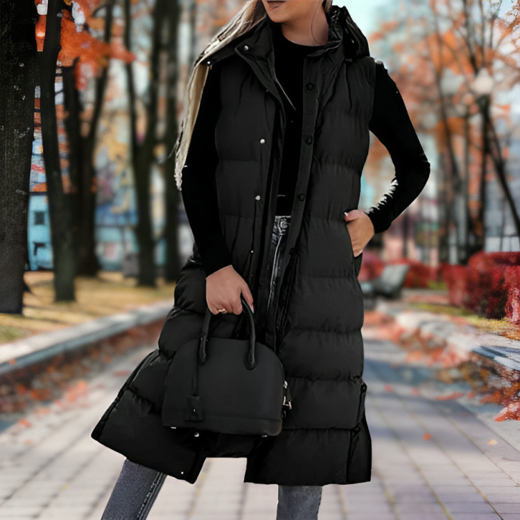 Hera Women's Long Hooded Puffer Vest | Cozy Insulation 0