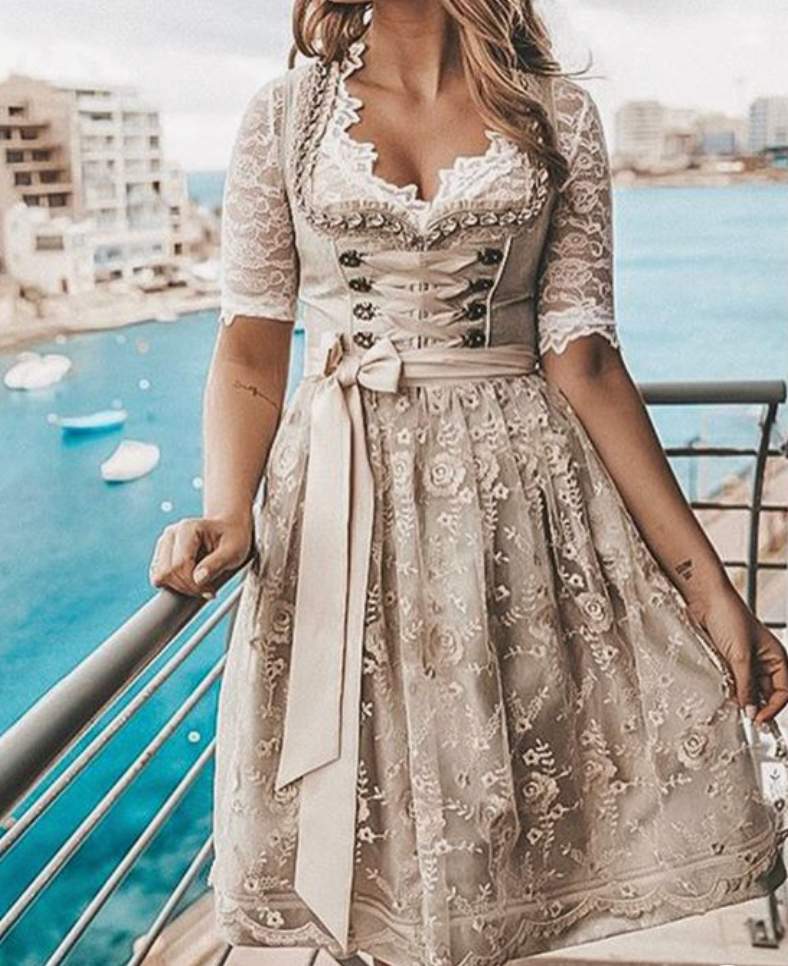 Hilda Women's Dirndl Dress | Lace-Up Bodice, Floral Design 0