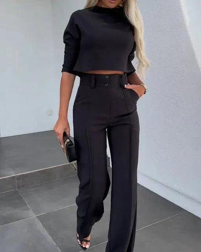 Holly Women's Cropped Top and Wide-Leg Pants Set | Elegant Casual Outfit 0
