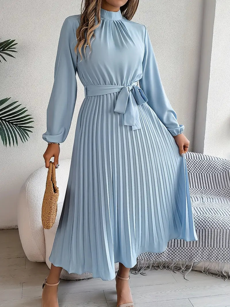 Jade Women's Dress | Pleated Belted Design, Elegant Long Sleeve 0