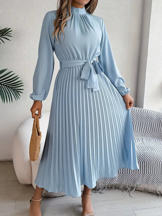 Jade Women's Dress | Pleated Belted Design, Elegant Long Sleeve 0