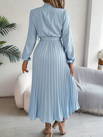 Jade Women's Dress | Pleated Belted Design, Elegant Long Sleeve 1