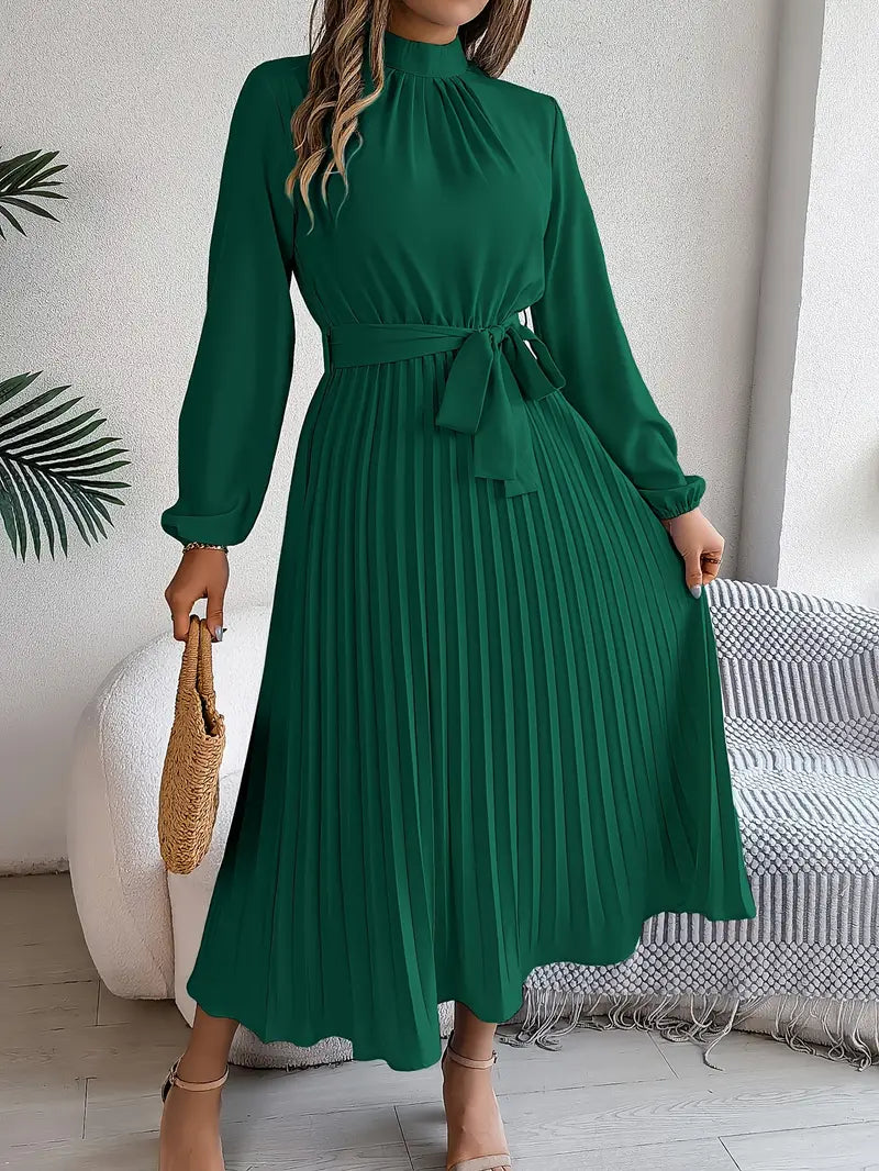 Jade Women's Dress | Pleated Belted Design, Elegant Long Sleeve 2