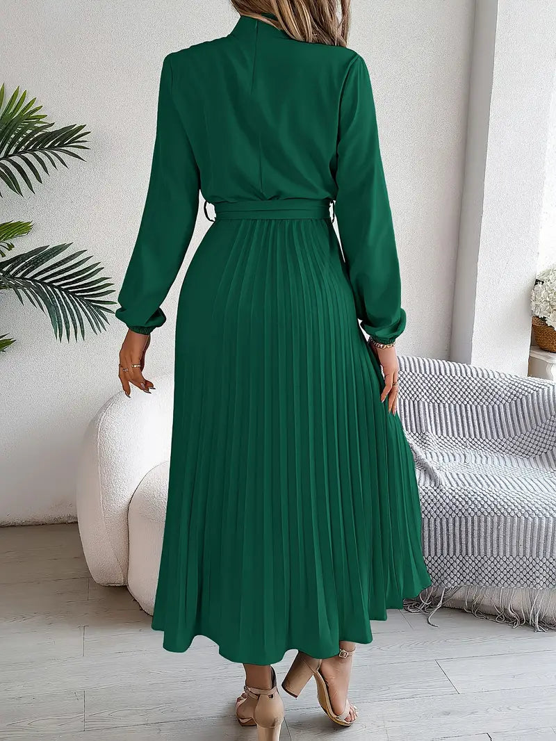 Jade Women's Dress | Pleated Belted Design, Elegant Long Sleeve 3