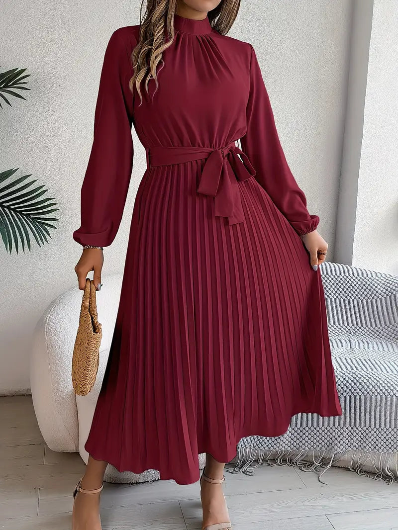 Jade Women's Dress | Pleated Belted Design, Elegant Long Sleeve 4