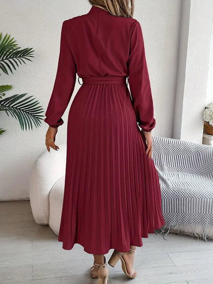 Jade Women's Dress | Pleated Belted Design, Elegant Long Sleeve 5