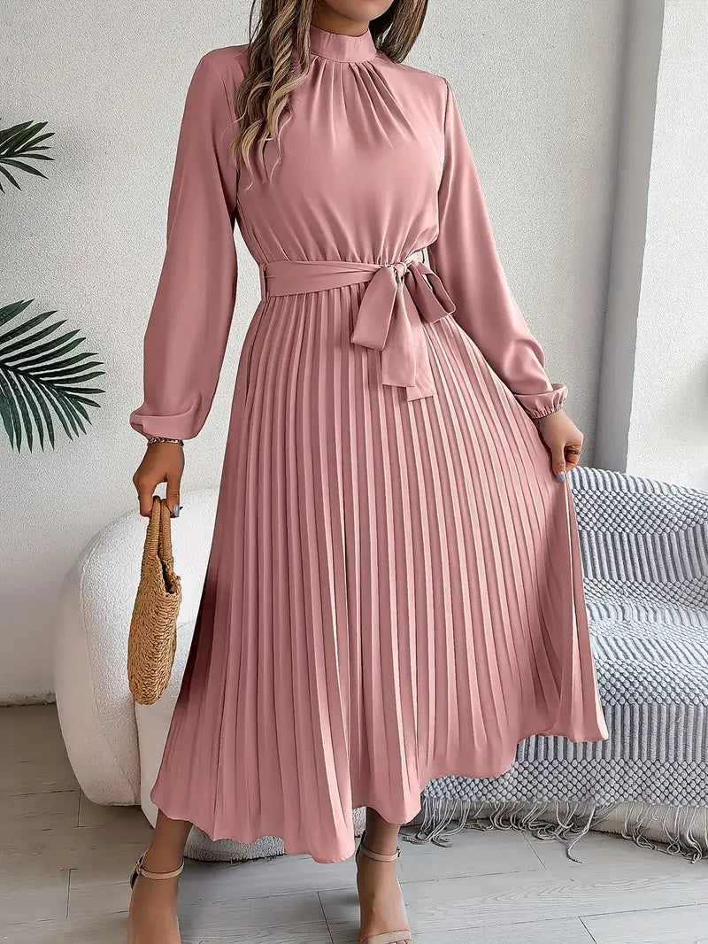 Jade Women's Dress | Pleated Belted Design, Elegant Long Sleeve 6