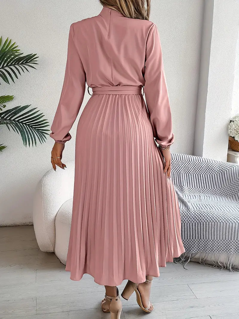 Jade Women's Dress | Pleated Belted Design, Elegant Long Sleeve 7
