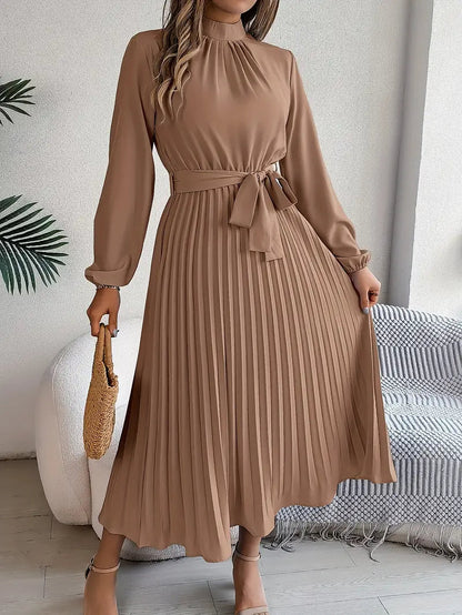 Jade Women's Dress | Pleated Belted Design, Elegant Long Sleeve 8
