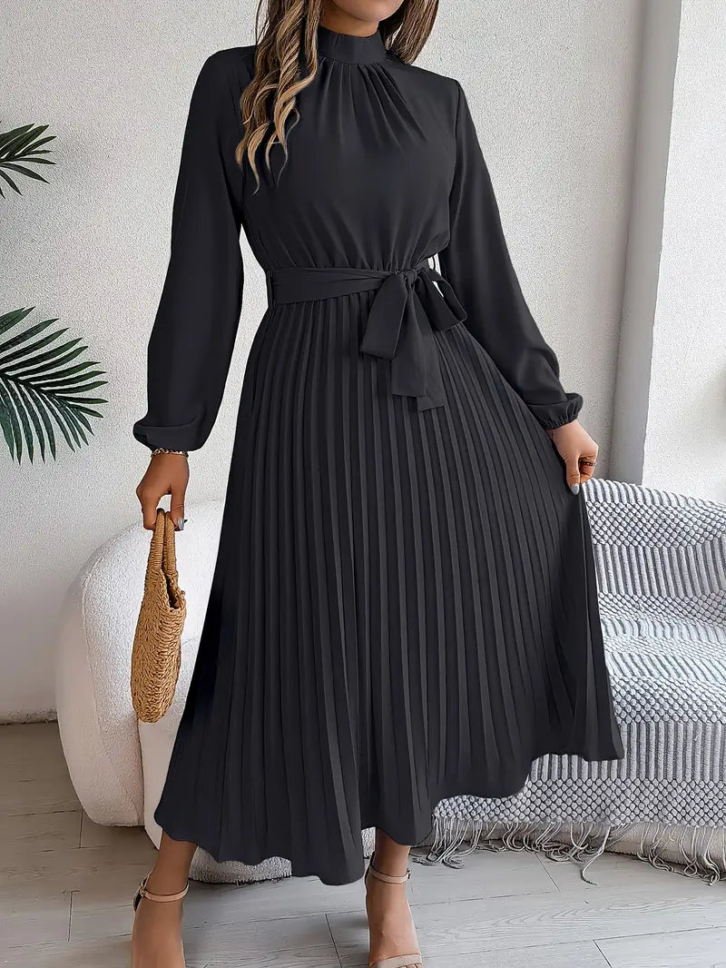 Jade Women's Dress | Pleated Belted Design, Elegant Long Sleeve 9