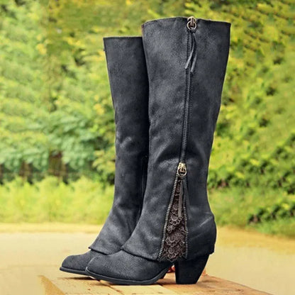 Kara Women's Black Knee High Boots | Side Zip, Lace Detail 1