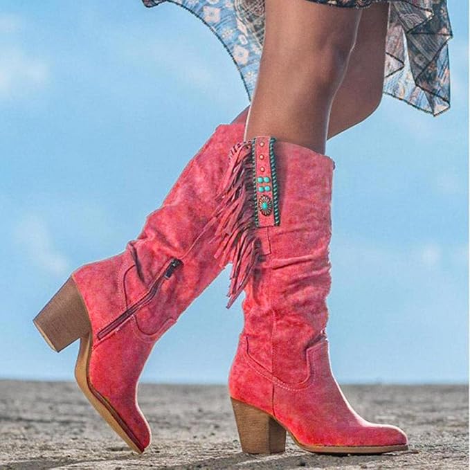 Kara Women's Cowgirl Boots | Suede Look with Fringe and Turquoise Accents 2