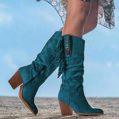 Kara Women's Cowgirl Boots | Suede Look with Fringe and Turquoise Accents 6