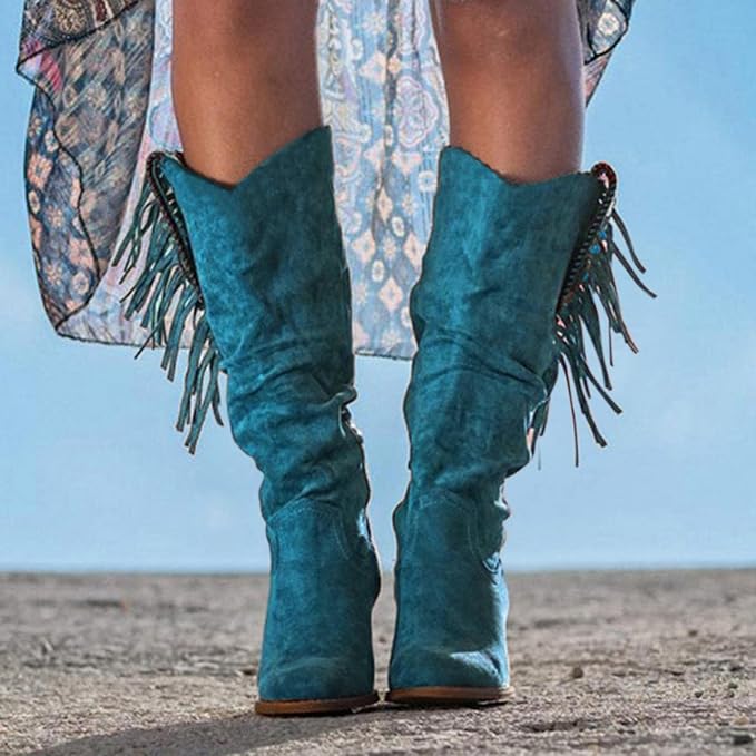 Kara Women's Cowgirl Boots | Suede Look with Fringe and Turquoise Accents 7