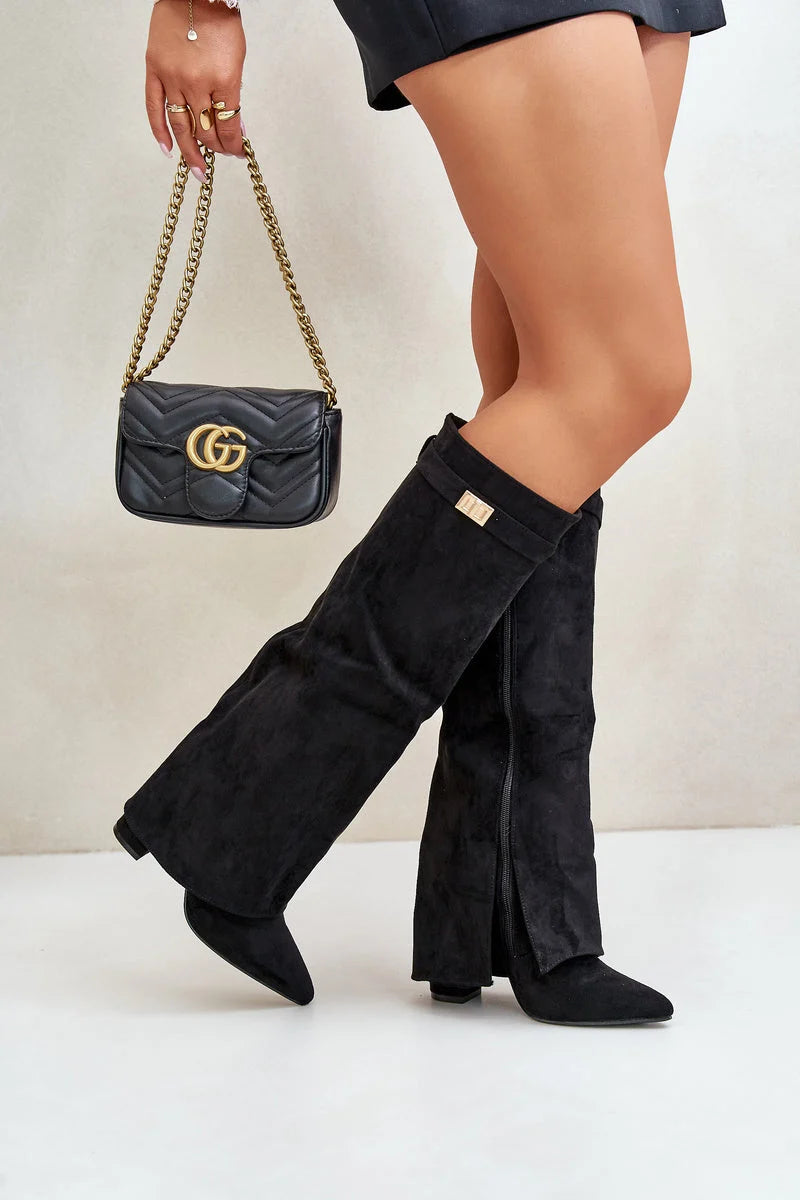 Kiara Women's Black Knee High Boots | Suede, Block Heel 5