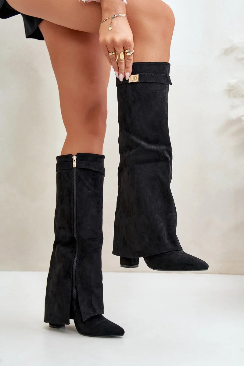 Kiara Women's Black Knee High Boots | Suede, Block Heel 6