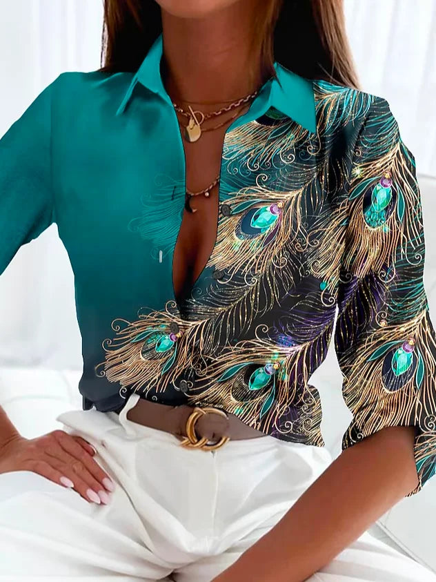 Lina Women's Blouse | Long Sleeve Feather Print, Casual Elegance 0