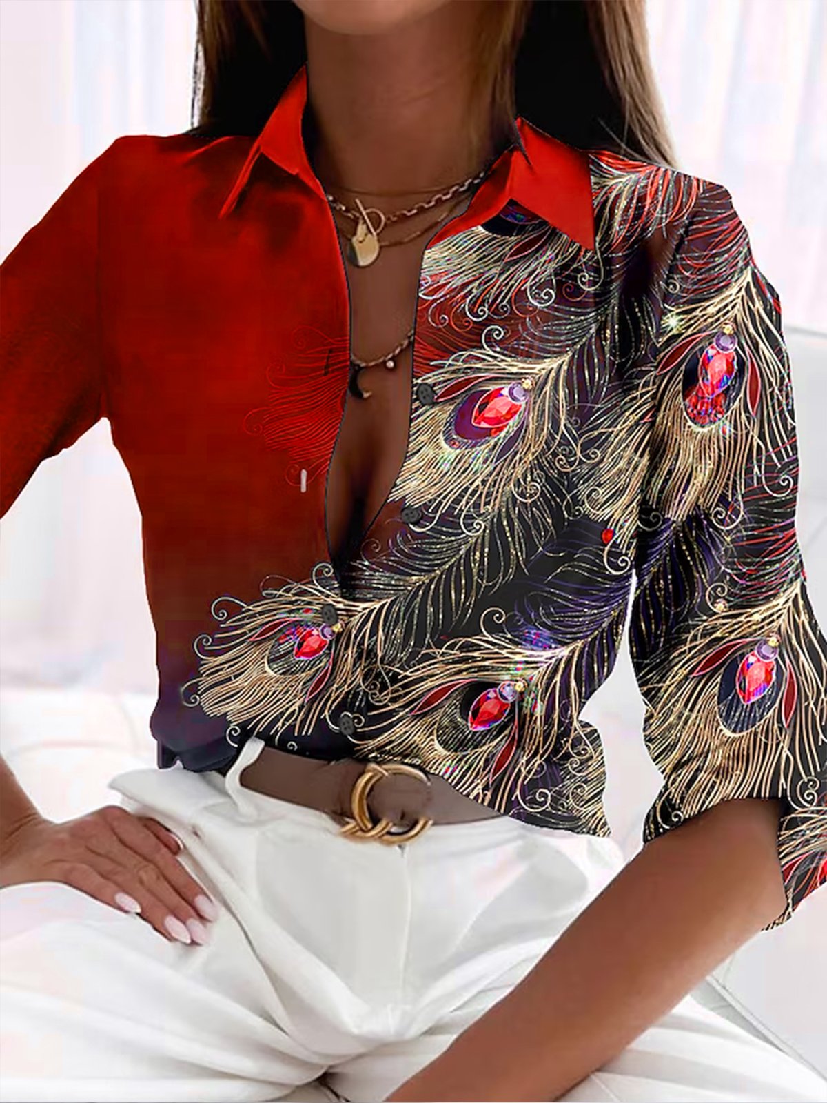 Lina Women's Blouse | Long Sleeve Feather Print, Casual Elegance 1