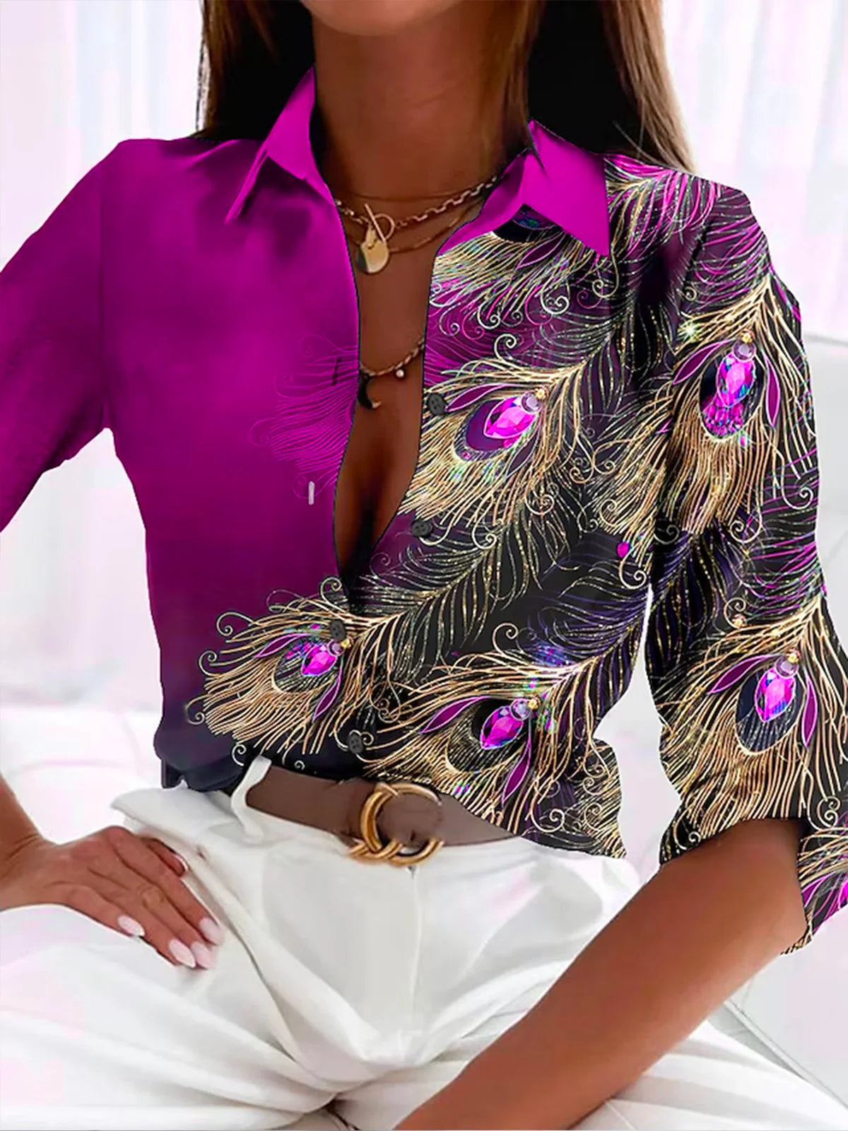 Lina Women's Blouse | Long Sleeve Feather Print, Casual Elegance 2