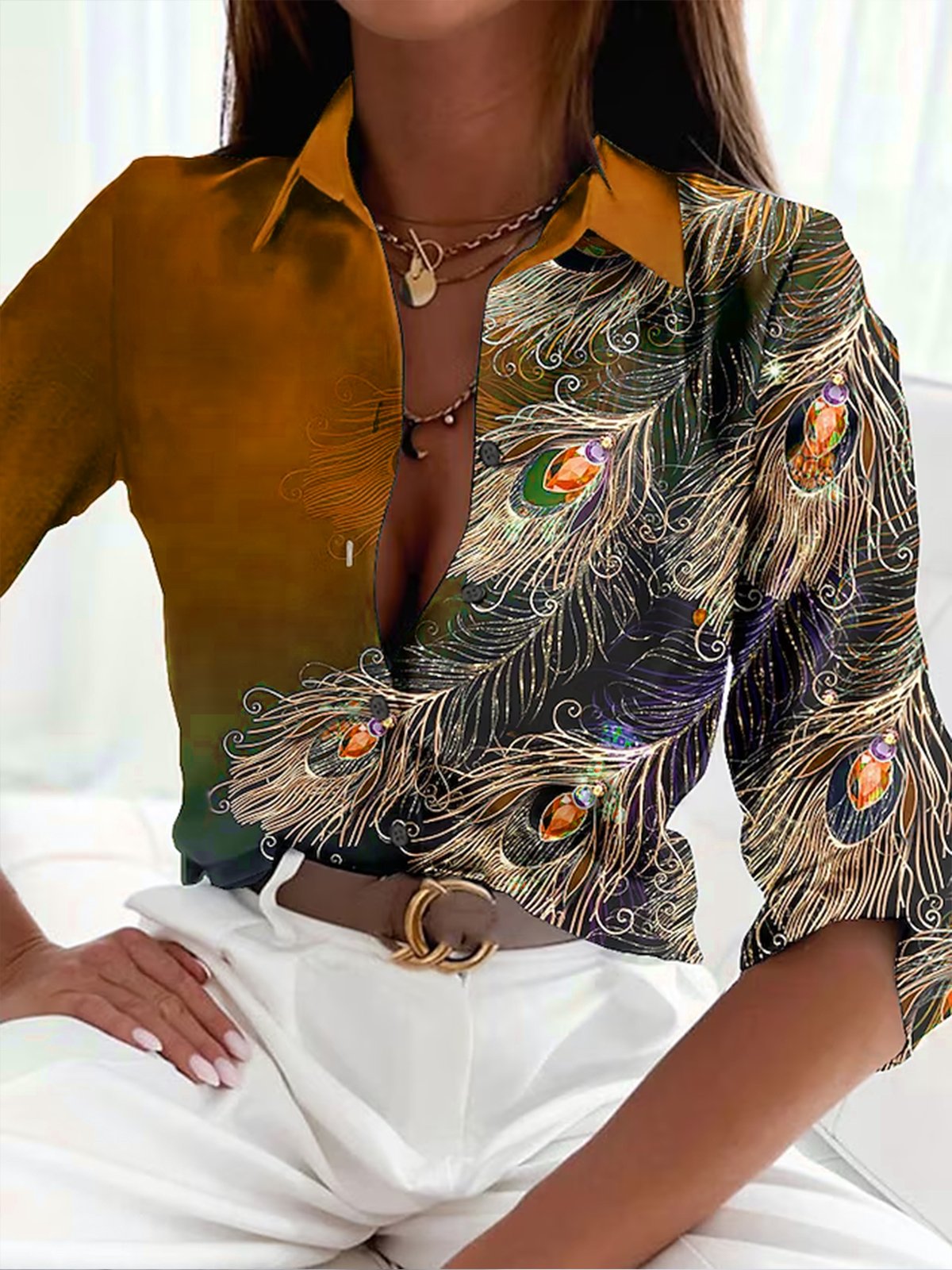 Lina Women's Blouse | Long Sleeve Feather Print, Casual Elegance 3