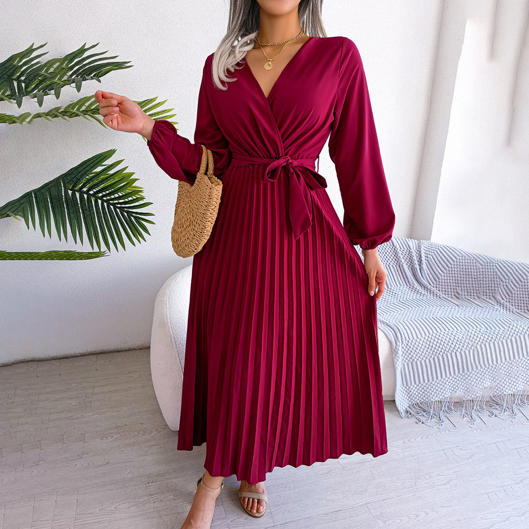 Lina Women's Maxi Dress | Pleated Long Sleeve Elegance 0