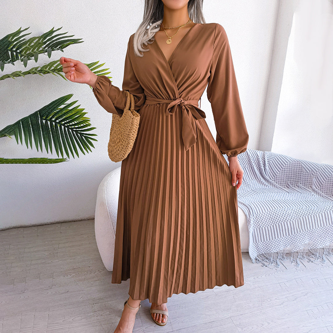 Lina Women's Maxi Dress | Pleated Long Sleeve Elegance 1