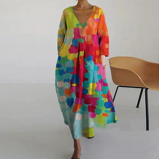 Lina Women's Summer Dress | Vibrant Patterns, V-Neck 1