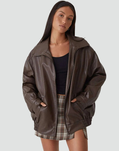 Liora Women's Bomber Jacket | Leather-Look Oversized Fit 0