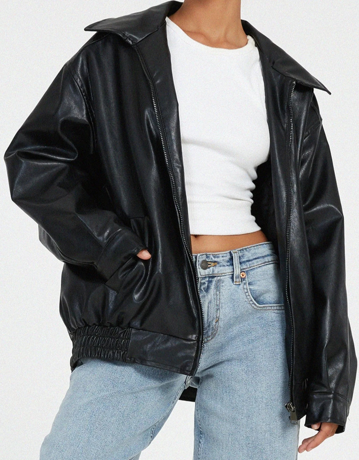 Liora Women's Bomber Jacket | Leather-Look Oversized Fit 6