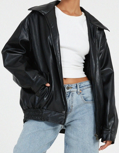 Liora Women's Bomber Jacket | Leather-Look Oversized Fit 6