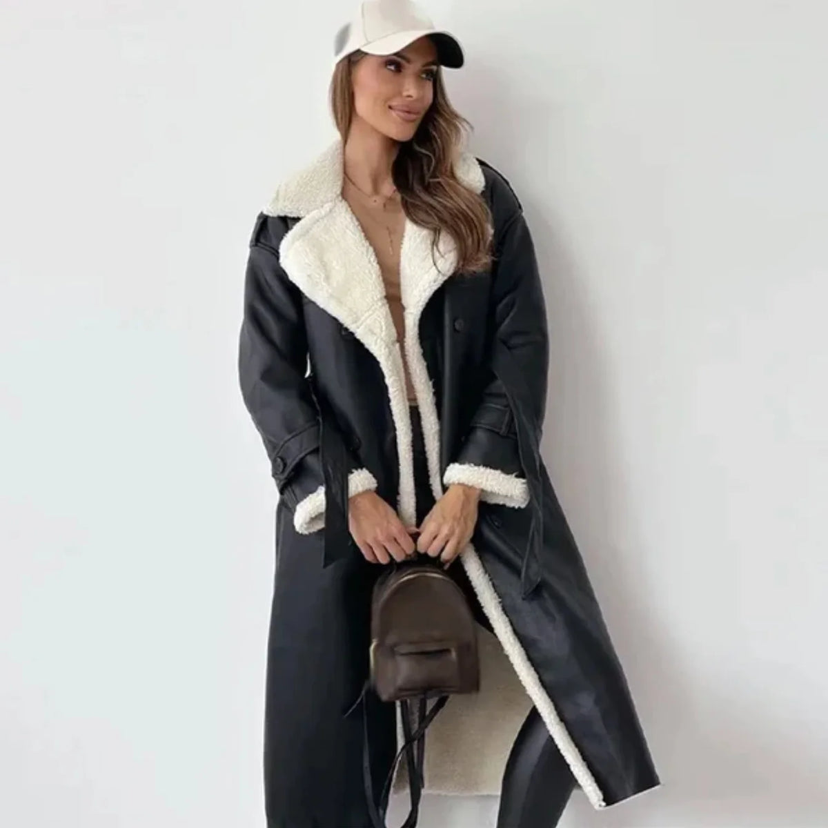 Liora Women's Long Coat | Elegant Sherpa Lining, Double Row Buttons 0