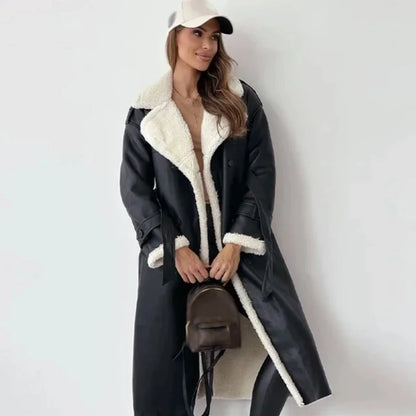 Liora Women's Long Coat | Elegant Sherpa Lining, Double Row Buttons 0